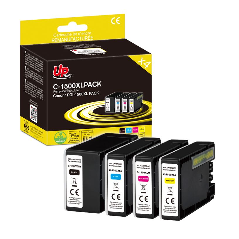 3584770912840-Cartouche remanufacturée Canon PGI-1500XL - pack de 4 - noir, cyan, magenta, jaune - Uprint--2