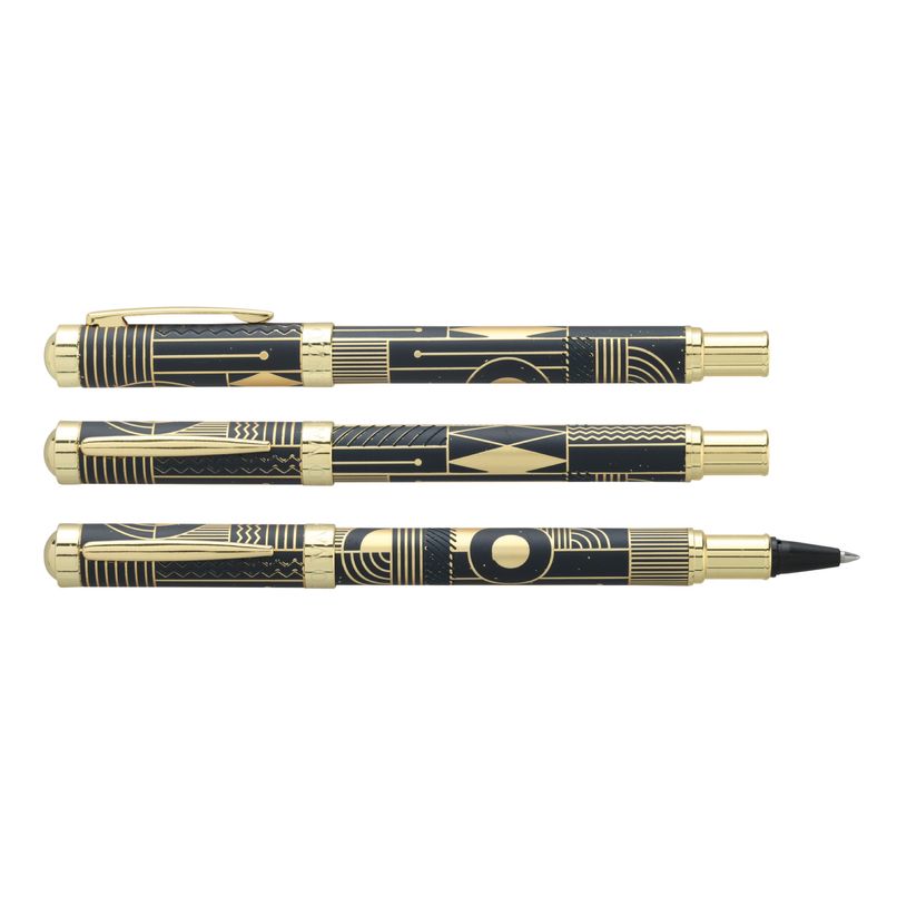 3219918233043-Roller ENZO VARINI "Palazzo Graphic" Bleu foncé, motifs et attributs dorés--0