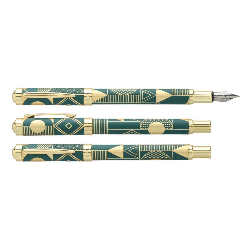 3219918243035-Plume ENZO VARINI "Palazzo Graphic" Vert foncé, motifs et attributs dorés--0