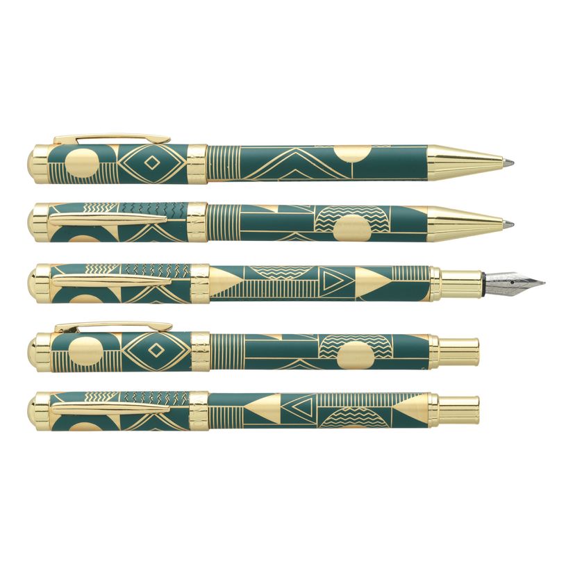 3219918263033-Parure : plume + bille ENZO VARINI "Palazzo Graphic" Vert foncé, motifs et attributs dorés--0