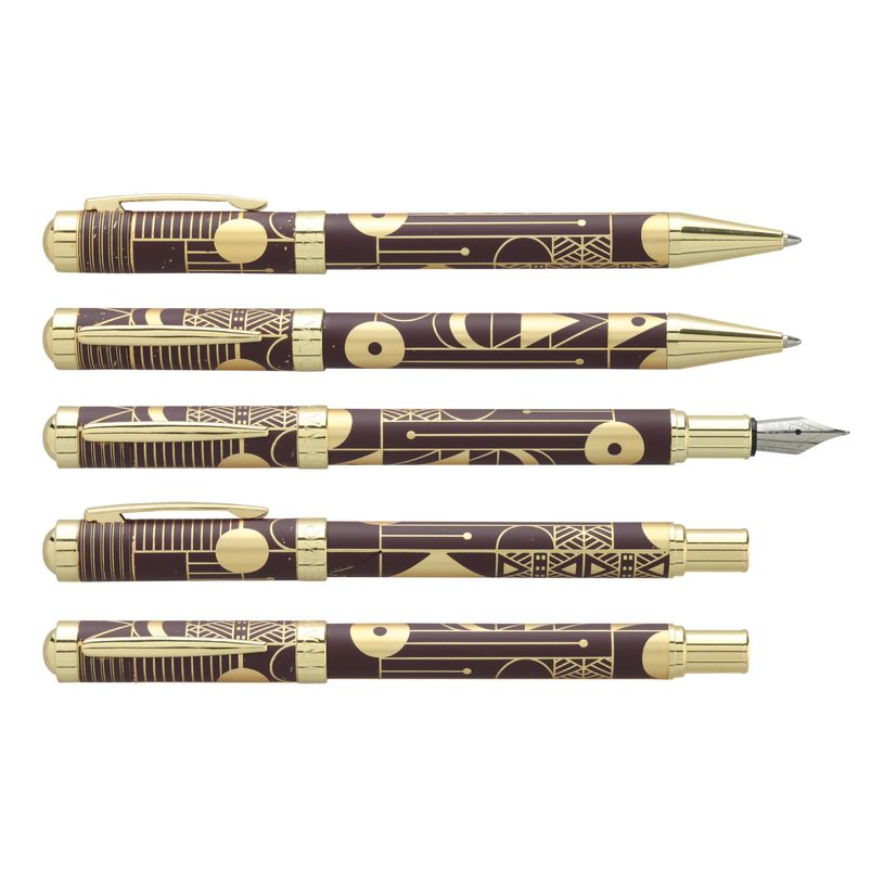 3219918263071-Parure : plume + bille ENZO VARINI "Palazzo Graphic" Bordeaux, motifs et attributs dorés--0