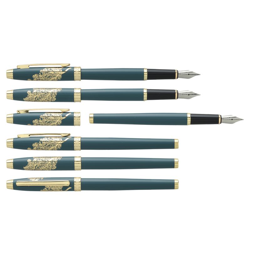 3219918242991-Plume ENZO VARINI "Taormina XL Océan" Bleu, motif Corail et attributs dorés--0