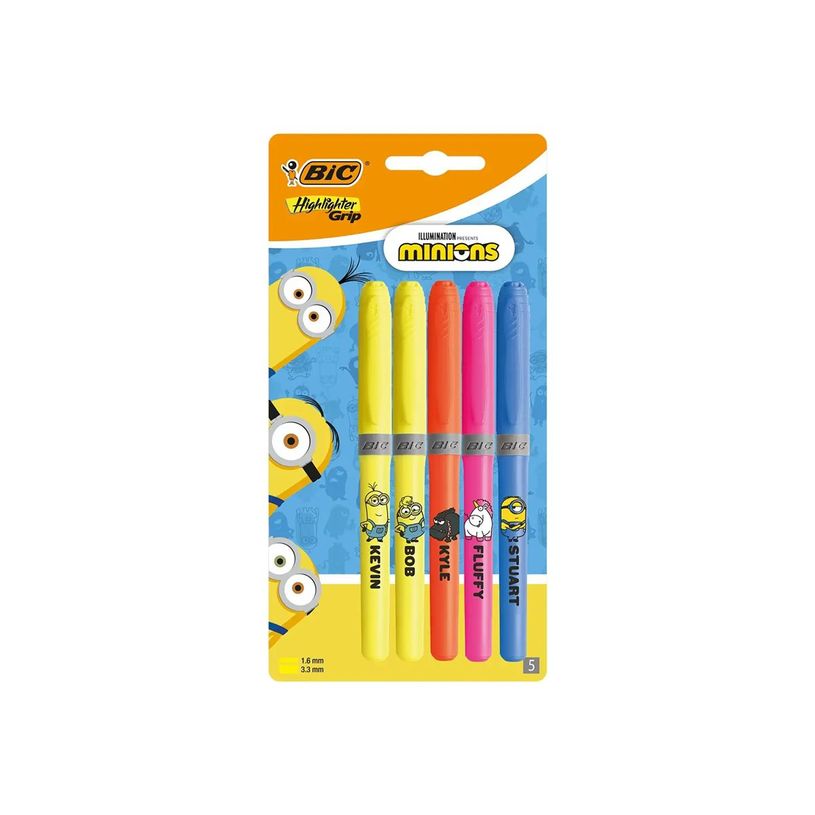 3086123748743-BIC Highlighter Grip Minions - Surligneur - Minions - bleu fluorescent, orange fluorescent, jaune fluorescent, rose fluorescent - encre à l'eau - 1-P_405223653_1-0
