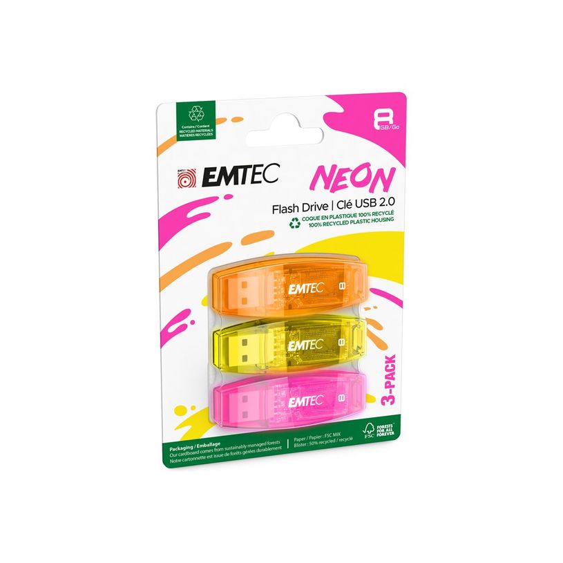 3126170171153-EMTEC C410 Neon -  3 Clés USB - 8 Go - USB 2.0 - jaune, orange, rose-P_405223852_1-0