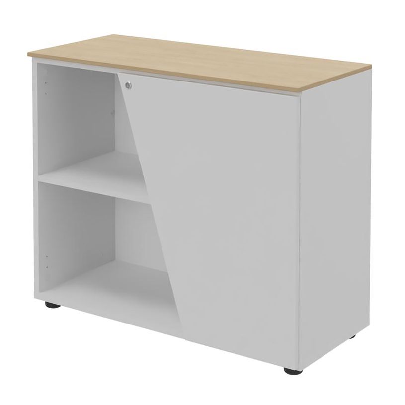 3253310544383-Armoire basse KHEOPS - porte à droite - structure blanc perle - finition imitation chêne-P_405223999_1-0