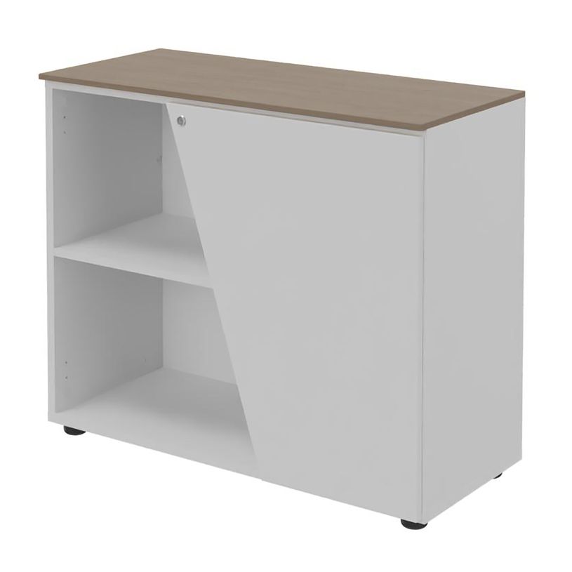 3253310544406-Armoire basse KHEOPS  - porte à droite - structure blanc perle - finition imitation noyer-P_405224001_1-0