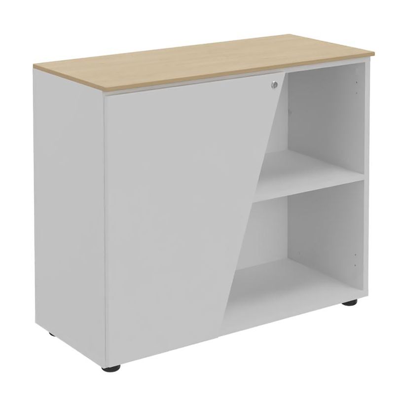 3253310544420-Armoire basse KHEOPS - porte à gauche - structure blanc perle - finition imitation chêne-P_405224003_1-0