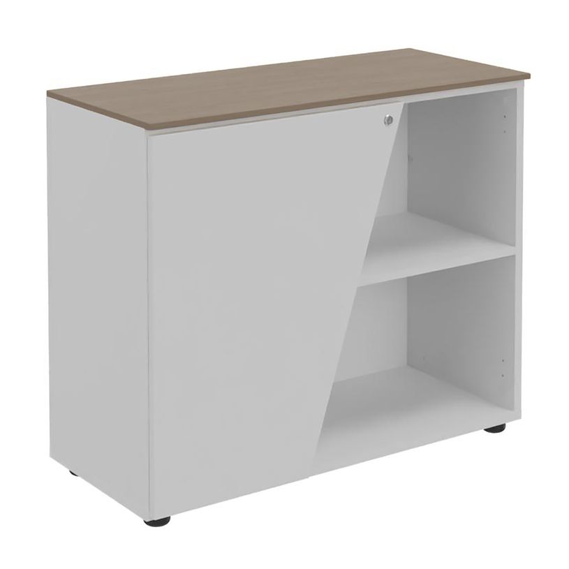 3253310544444-Armoire basse KHEOPS  - porte à gauche - structure blanc perle - finition imitation noyer-P_405224005_1-0