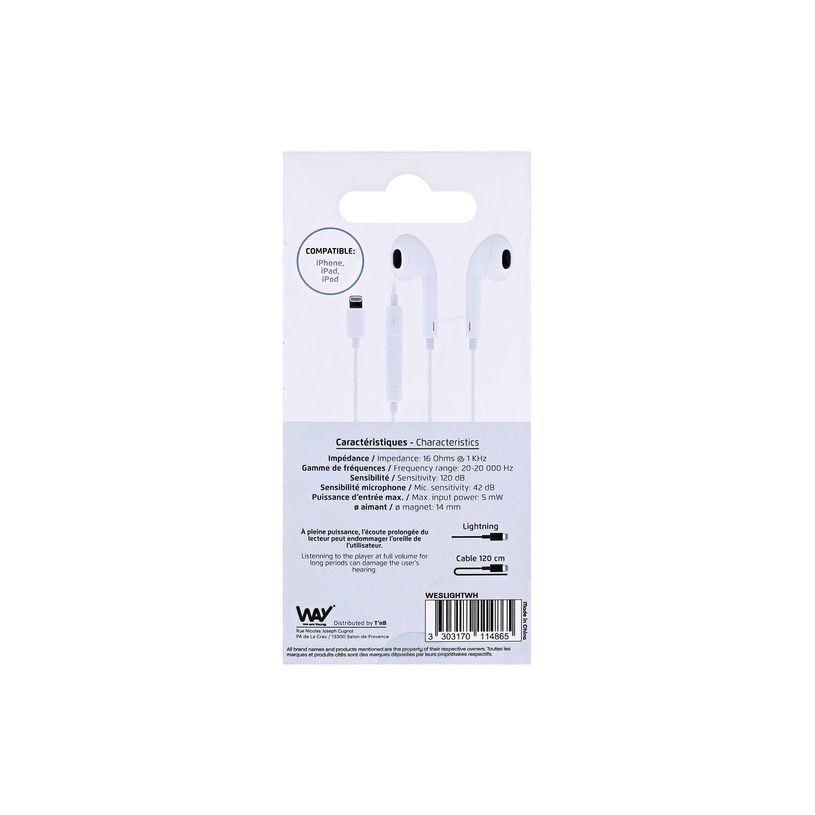 3303170114865-T'nB WAY - Écouteurs filaire avec micro - Lightning - blanc-P_405224274_7-6