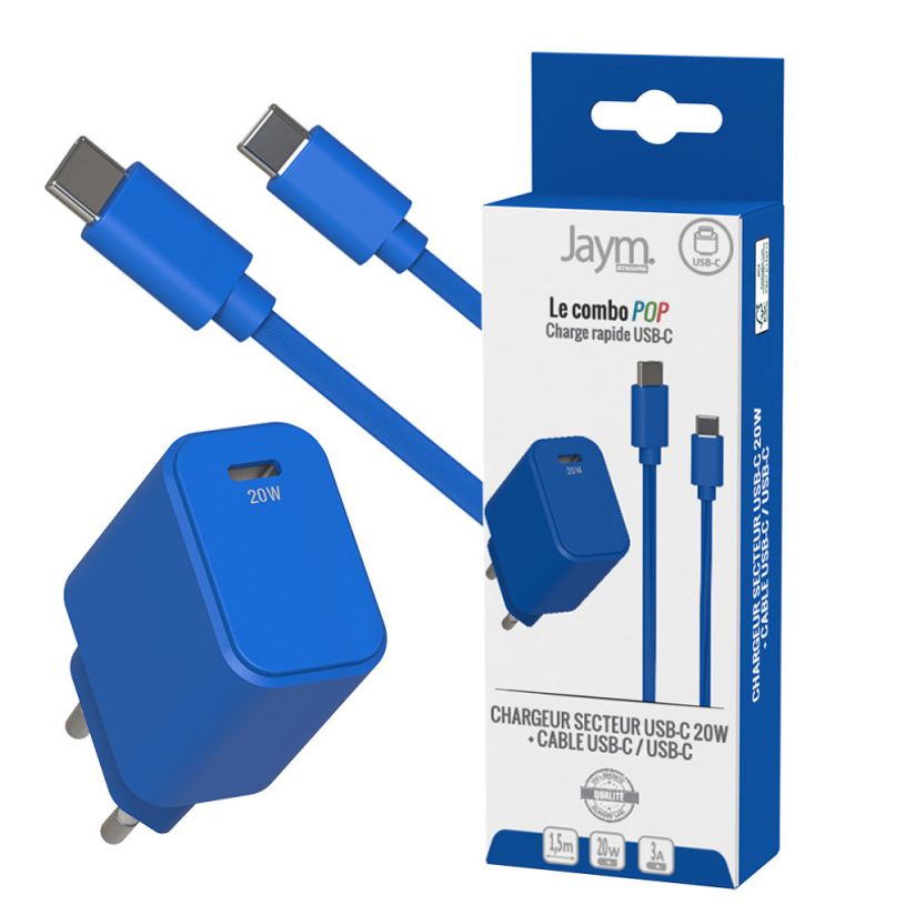 3701263527033-Jaym - Chargeur secteur pour smartphone + câble USB-C - bleu-P_405224310_2-0