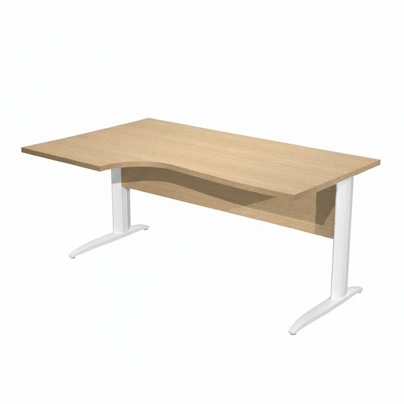 0404052257182-Bureau compact Trend - L160 cm - retour à gauche - Pieds métals blanc - plateau imitation chêne - (pieds de renfort obligatoire à rajou--0