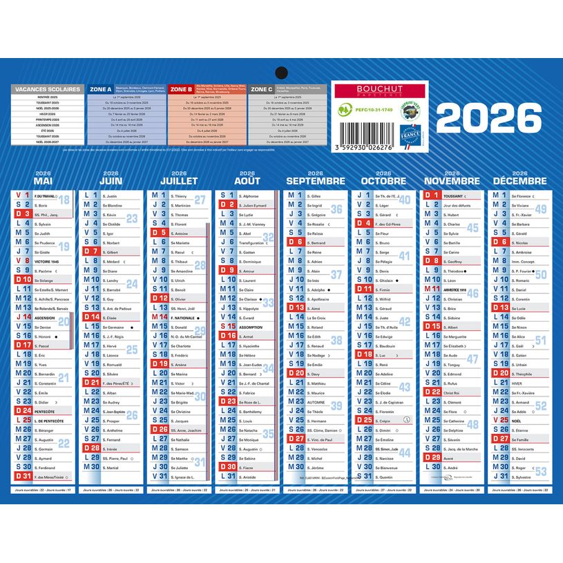 3592930028157-Calendrier bancaire année civile BOUCHUT "Classique 16 Mois Mini" 21 x 26,5 cm coloris bleu Pefc 70 %--1