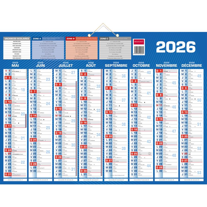 3592930028140-Calendrier bancaire année civile BOUCHUT "Classique 16 Mois" 40,5 x 55 cm coloris bleu Pefc 70 %--1