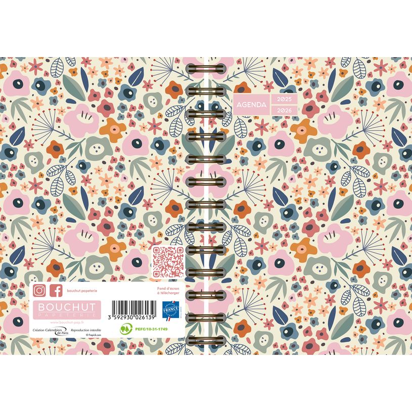 3592930026139-Agenda RDC reliure spirale année scolaire BOUCHUT "Motifs fleurettes" 12,5 x 17,5 cm -P_405227463_3-1