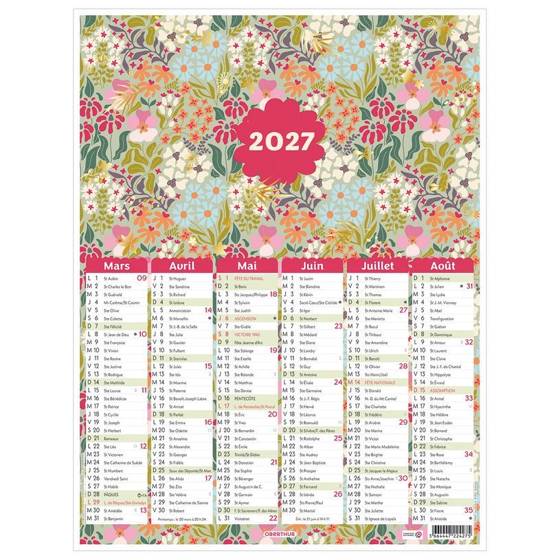 3664447224268-Calendrier Petites Fleurs - 6 mois par face - 21 x 26,5 cm - Oberthur--0