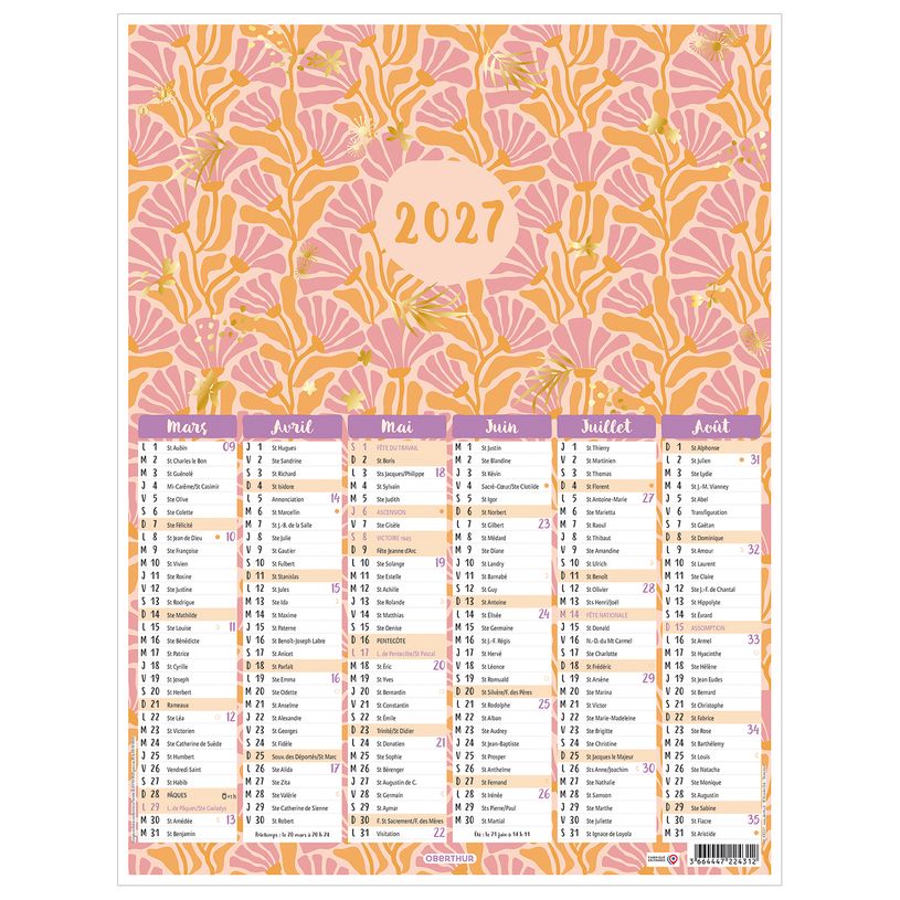 3664447224312-Calendrier Fleurs rétro - 6 mois par face - 32 x 42 cm - Oberthur--1