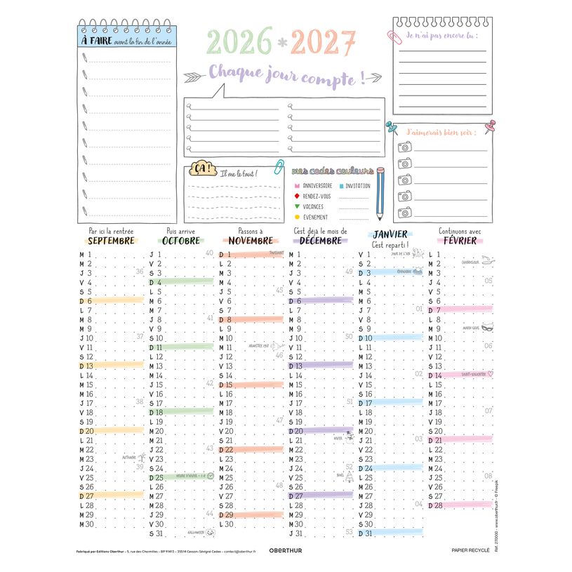 3664447224329-Calendrier Bullet - papier recyclé - 6 mois par face - 21 x 26,5 cm - Oberthur--0