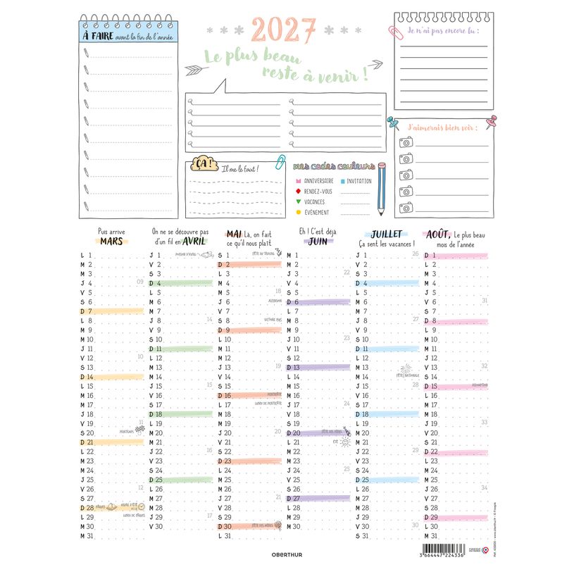 3664447224336-Calendrier Bullet - papier recyclé - 6 mois par face - 32 x 42 cm - Oberthur--1
