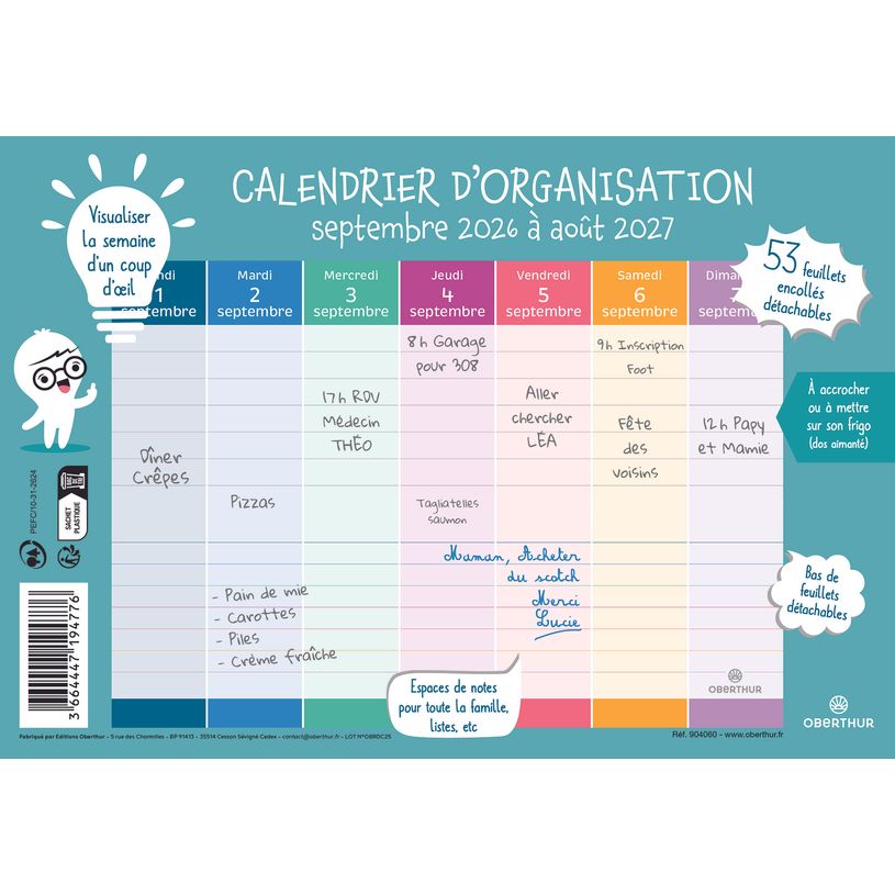 3664447221625-Calendrier d'organisation Hebdo Planning - 18 x 23 cm - 52 feuillets - Oberthur--0