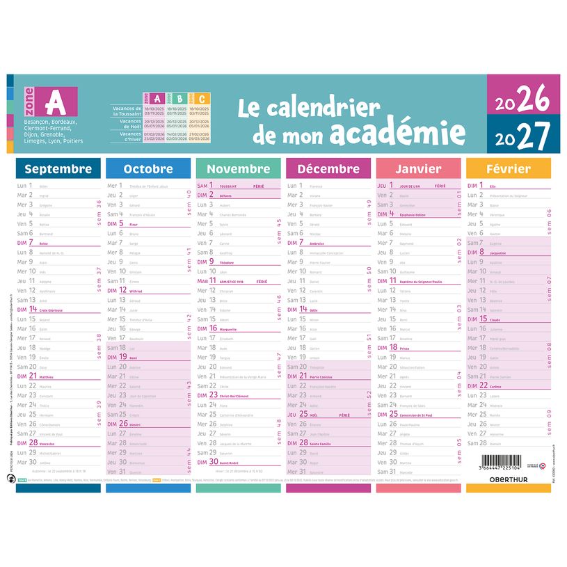 3664447225104-Calendrier de mon académie - Zone A - 6 mois par face - 32 x 42 cm - Oberthur--0