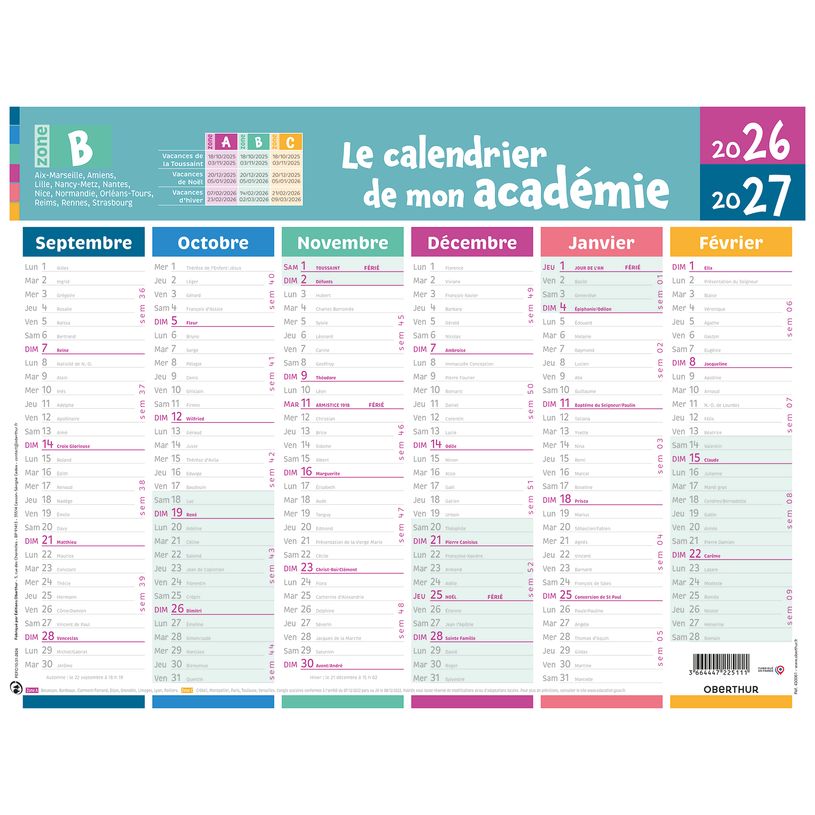 3664447225111-Calendrier de mon académie - Zone B - 6 mois par face - 32 x 42 cm - Oberthur--0