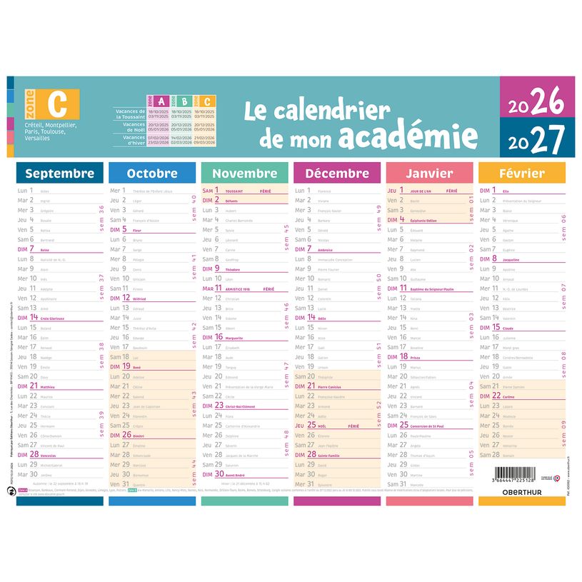 3664447225128-Calendrier de mon académie - Zone C - 6 mois par face - 32 x 42 cm - Oberthur--0