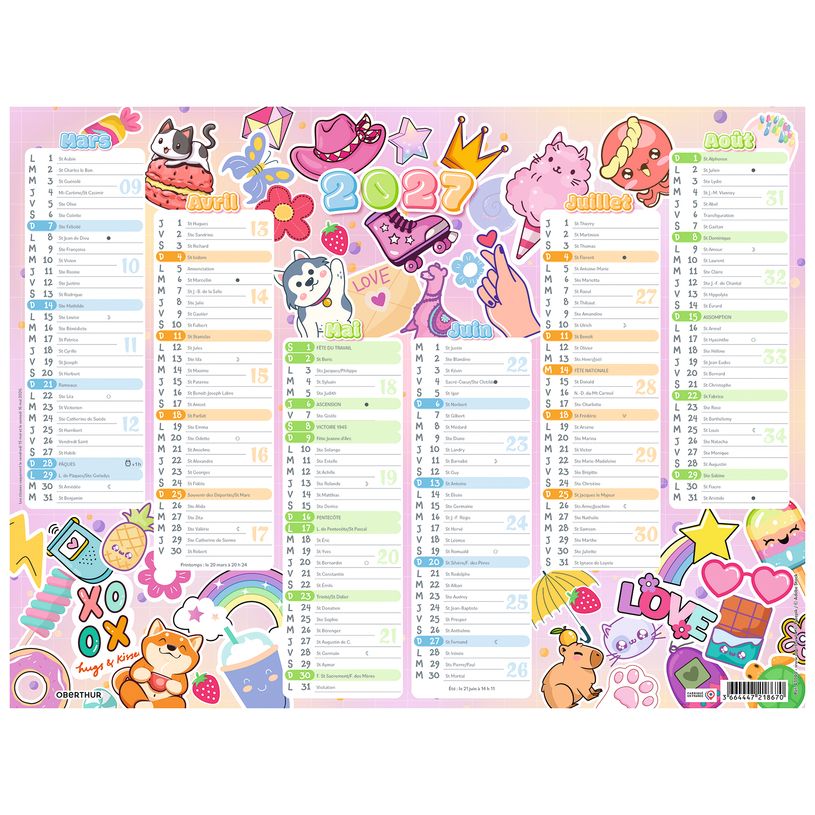 3664447218670-Calendrier Kawai - 6 mois par face - 32 x 42 cm - Oberthur--1