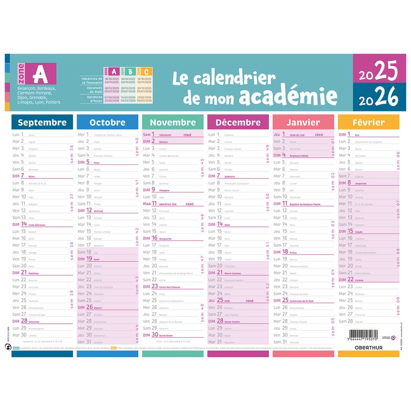 3664447225104-Calendrier de mon académie - Zone A - 6 mois par face - 32 x 42 cm - Oberthur-P_405228536_1-0