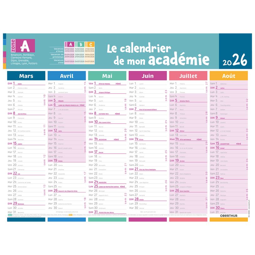 3664447225104-Calendrier de mon académie - Zone A - 6 mois par face - 32 x 42 cm - Oberthur-P_405228536_2-1