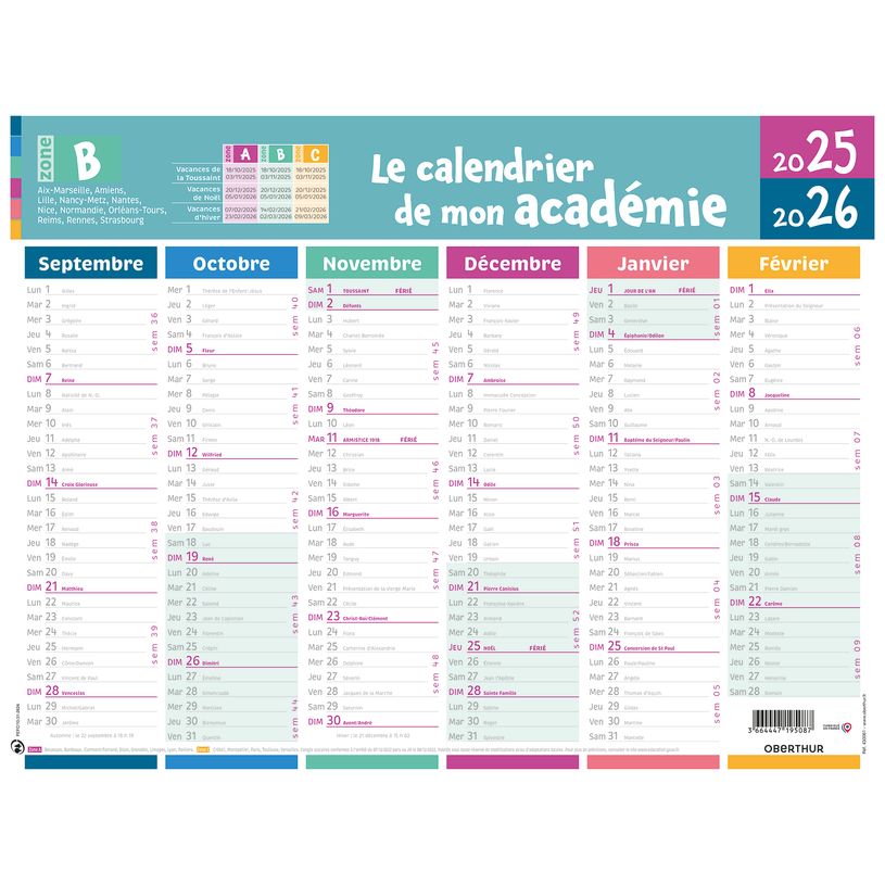 3664447225111-Calendrier de mon académie - Zone B - 6 mois par face - 32 x 42 cm - Oberthur-P_405228537_1-0