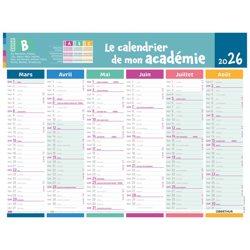 3664447225111-Calendrier de mon académie - Zone B - 6 mois par face - 32 x 42 cm - Oberthur-P_405228537_2-1