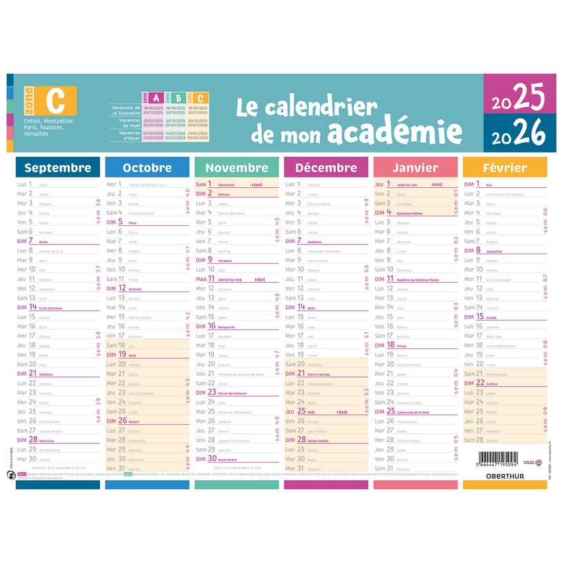 3664447225128-Calendrier de mon académie - Zone C - 6 mois par face - 32 x 42 cm - Oberthur-P_405228538_1-0