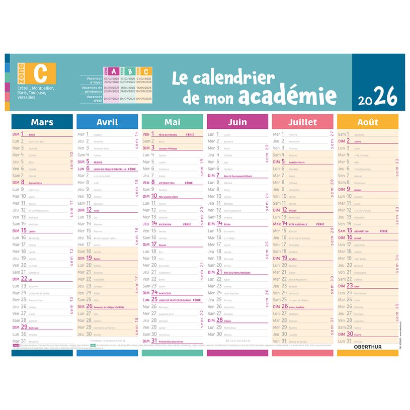 3664447225128-Calendrier de mon académie - Zone C - 6 mois par face - 32 x 42 cm - Oberthur-P_405228538_2-1