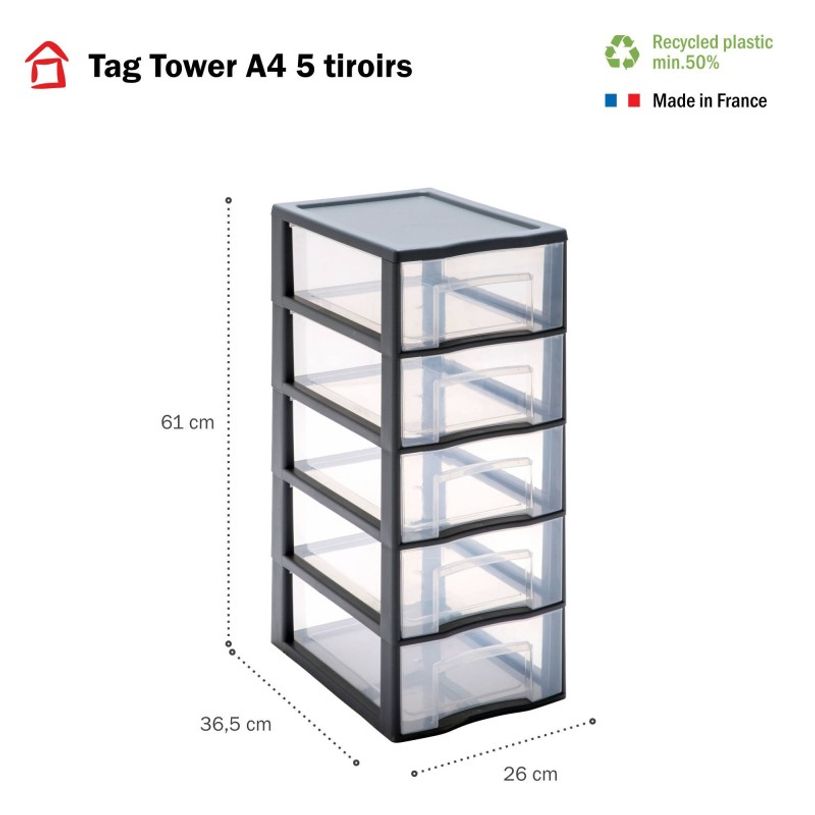 3234530012531-Sundis Tag Tower - Tour de rangement A4 - 5 tiroirs transparents - P36,5 cm x l26 cm x H61 cm--2