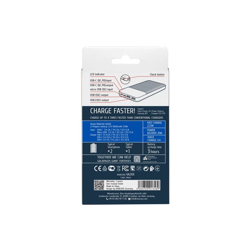 4260709013589-Riva Case Rivapower VA2101 - Banque d'alimentation - 10000 mAh - 37 Wh - 22.5 Watt - 4.5 A - QC 3.0, PD 3.0, SCP - 3 connecteurs de sortie (24 pin USB-C, 2 x USB de type A à 9 broches)-P_405231905_2-12