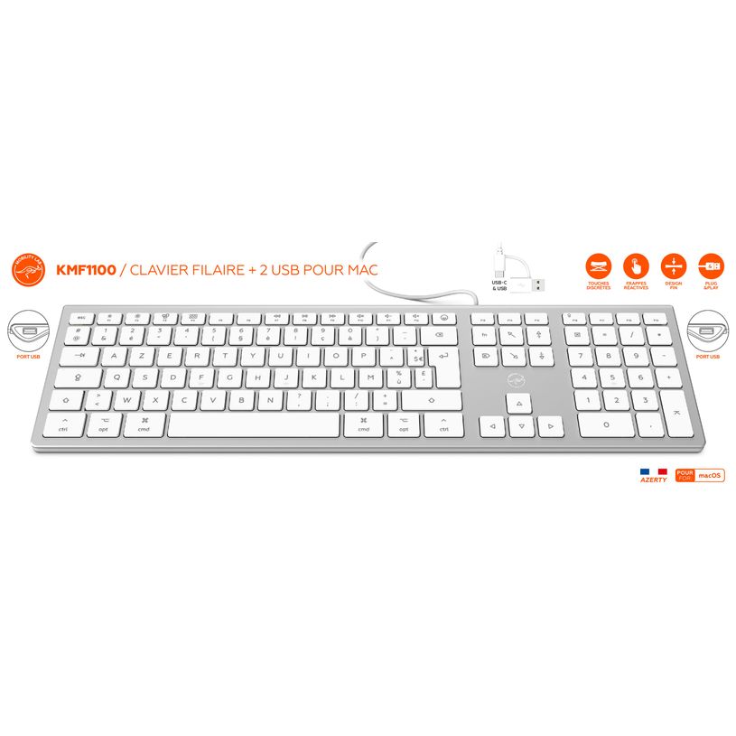 3700527304304-Mobility Lab - Clavier filaire DESIGN pour Mac + 2 HUB USB intégré - Azerty - blanc argenté--6