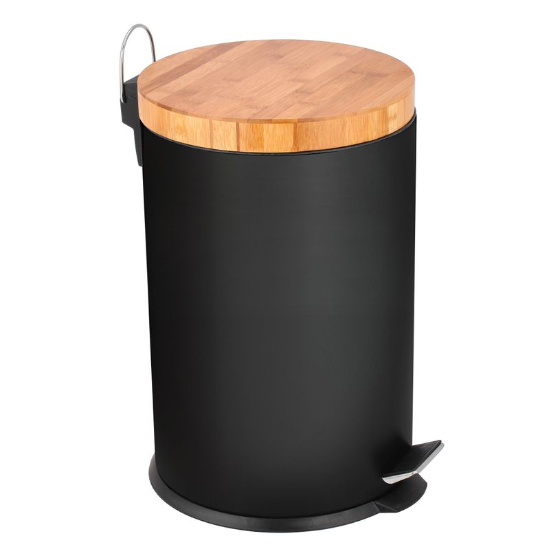 3304993543603-Frandis - Poubelle ronde noir avec couvercle en bambou - 20L --0