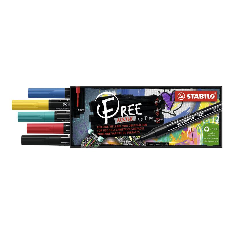 4006381615136-STABILO FREE T100 Royal - 5 Marqueurs- permanent - noir, rouge, jaune, bleu foncé, vert turquoise - opaque - encre acryliqu-P_405234764_1-0