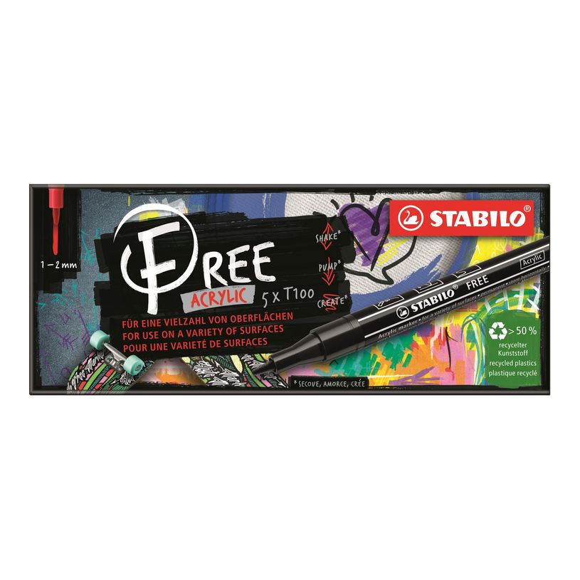 4006381615136-STABILO FREE T100 Royal - 5 Marqueurs- permanent - noir, rouge, jaune, bleu foncé, vert turquoise - opaque - encre acryliqu-P_405234764_2-1