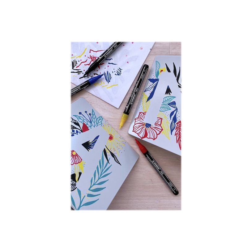 4006381615136-STABILO FREE T100 Royal - 5 Marqueurs- permanent - noir, rouge, jaune, bleu foncé, vert turquoise - opaque - encre acryliqu-P_405234764_4-3