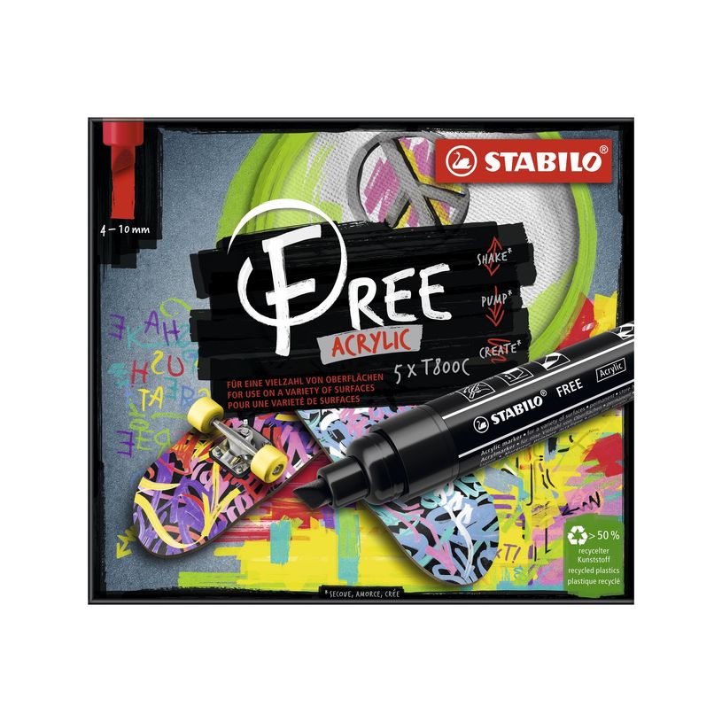 4006381615167-STABILO FREE T800C Seaside - 5 Marqueurs - permanent - rose, bleu cobalt, vert clair, jaune, pourpre - opaque - encre acrylique 