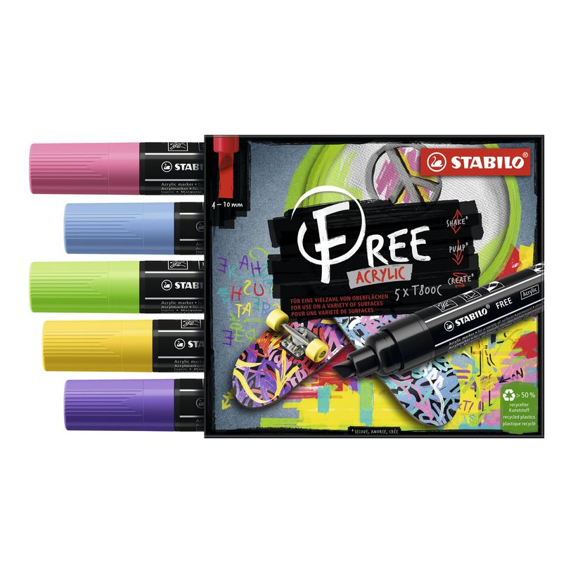 4006381615167-STABILO FREE T800C Seaside - 5 Marqueurs - permanent - rose, bleu cobalt, vert clair, jaune, pourpre - opaque - encre acrylique 