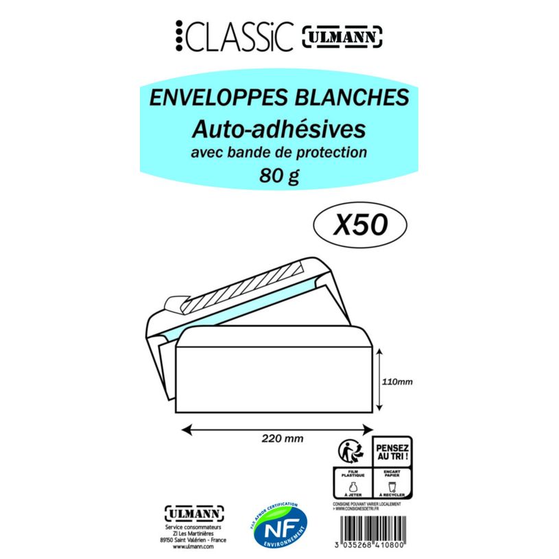 3035268410800-50 Pochettes Enveloppes - 220 x 110 mm - 80 gr - sans fenêtre - blanc - bande adhésive-P_405239969_1-0