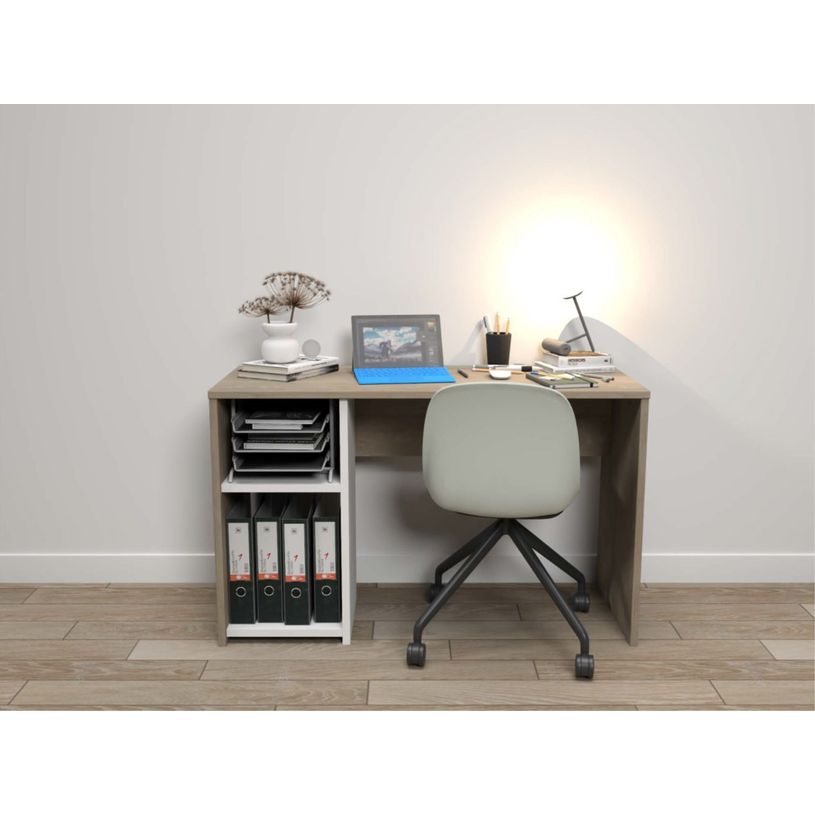 3483601209411-Bureau home office - Finition blanc et imitation chêne avec 1 partie rangement -P_405240880_1-2