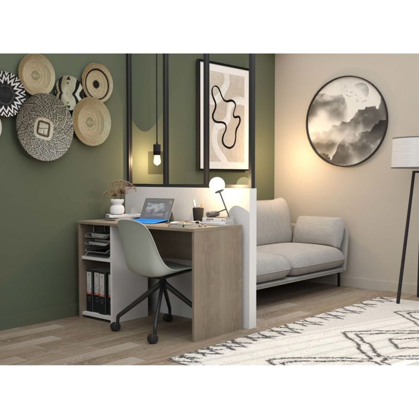 3483601209411-Bureau home office - Finition blanc et imitation chêne avec 1 partie rangement -P_405240880_2-4