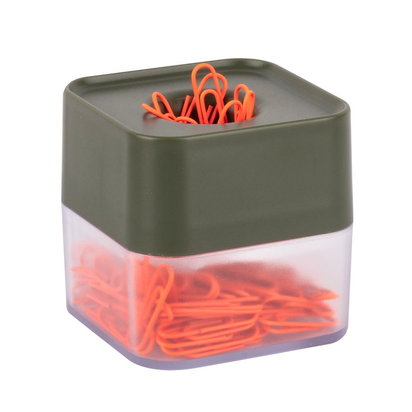 8410782199243-APLI 19924 - Distributeur de trombones magnétique kaki avec 100 trombones orange, collection Neon--1