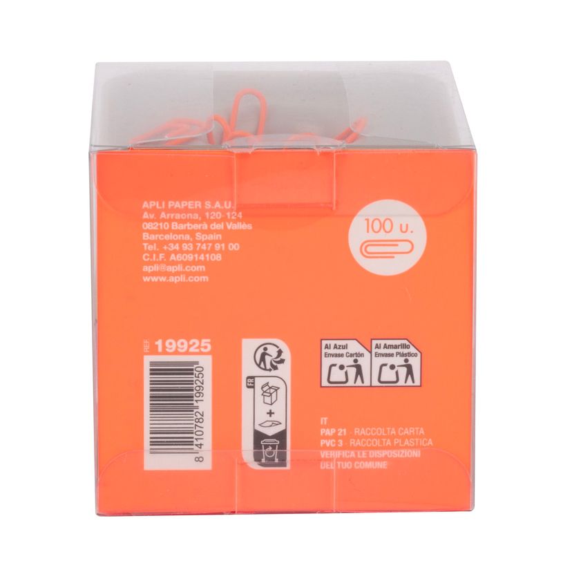 8410782199250-APLI 19925 - Distributeur de trombones magnétique gris avec 100 trombones orange, collection Neon--2