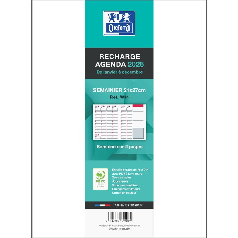 3147280295089-Recharge Agenda Oxford Brochée - 21x27 - 1 semaine sur 2 pages --0