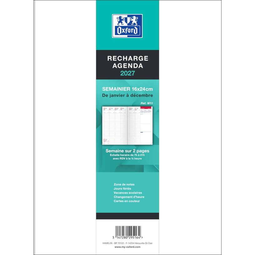 3147280295164-Recharge agenda Oxford - 16x24 - 1 semaine sur 2 pages - 128 pages--0