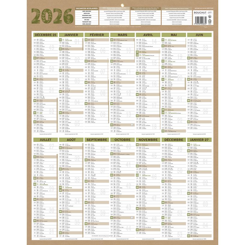 3592930026634-Calendrier bancaire année civile BOUCHUT "MAXI NATURA ANNUEL VERTICAL" 43*55 cm beige--0